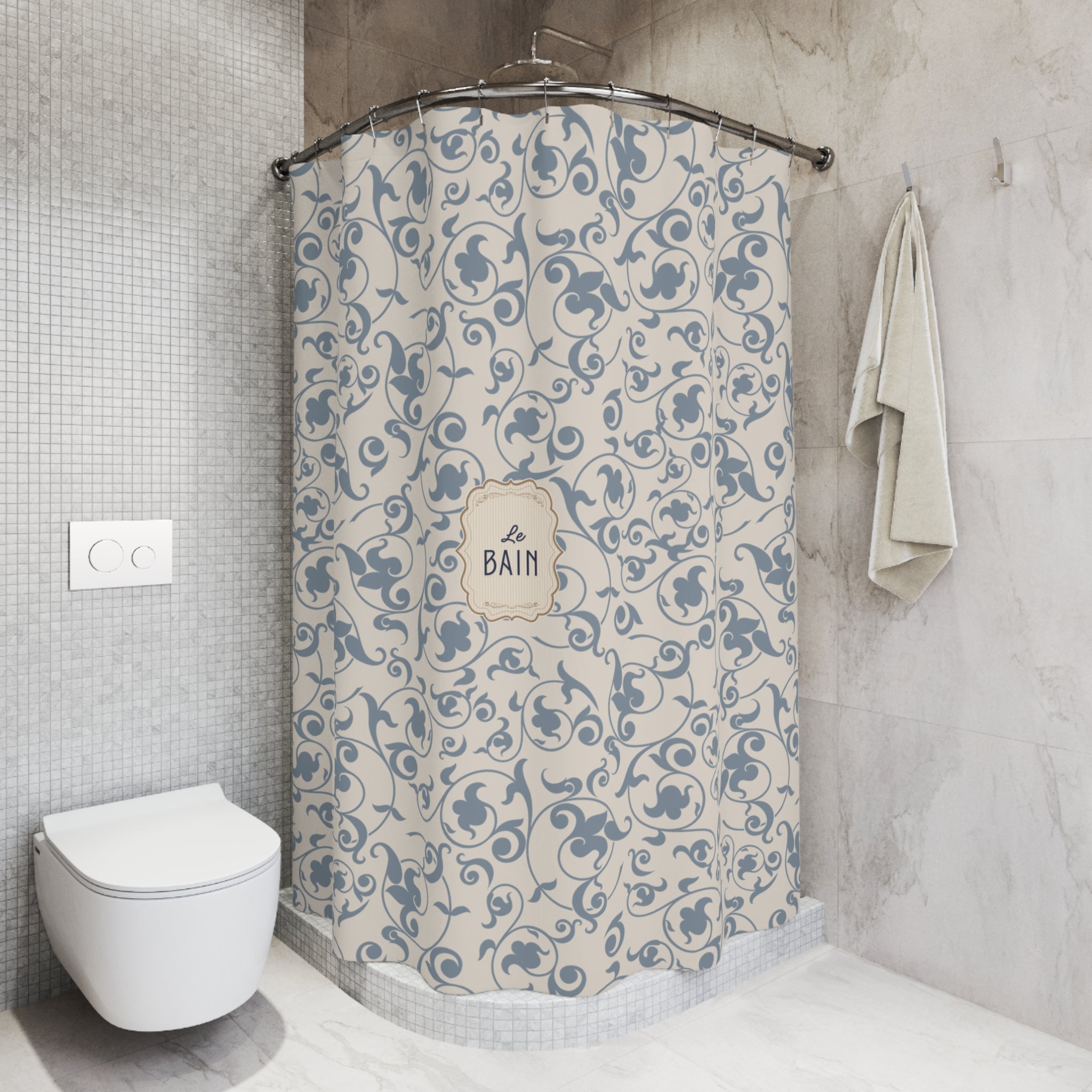 French 'Le Bain' Elegant Floral Shower Curtain | Neutral Beige Vintage Bath