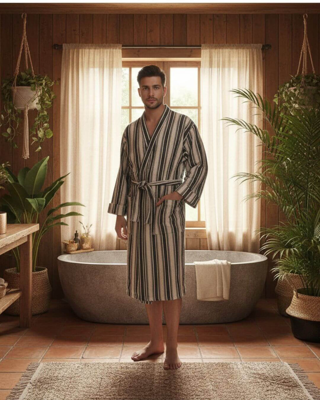 Cotton Linen Blend Kimono Bathrobe – Lightweight Unisex Robe