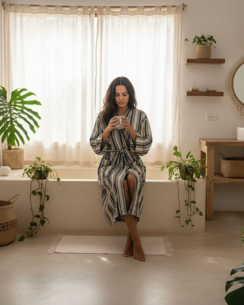 Cotton Linen Blend Kimono Bathrobe – Lightweight Unisex Robe