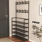2 in 1 Shoe Rack with Coat Hooks Entryway Organizer 5 Tier Storage Shelf