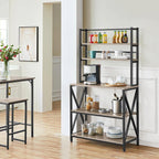 Modern Black Metal Grey Wood Bakers Rack Microwave Stand Kitchen Shelving Unit